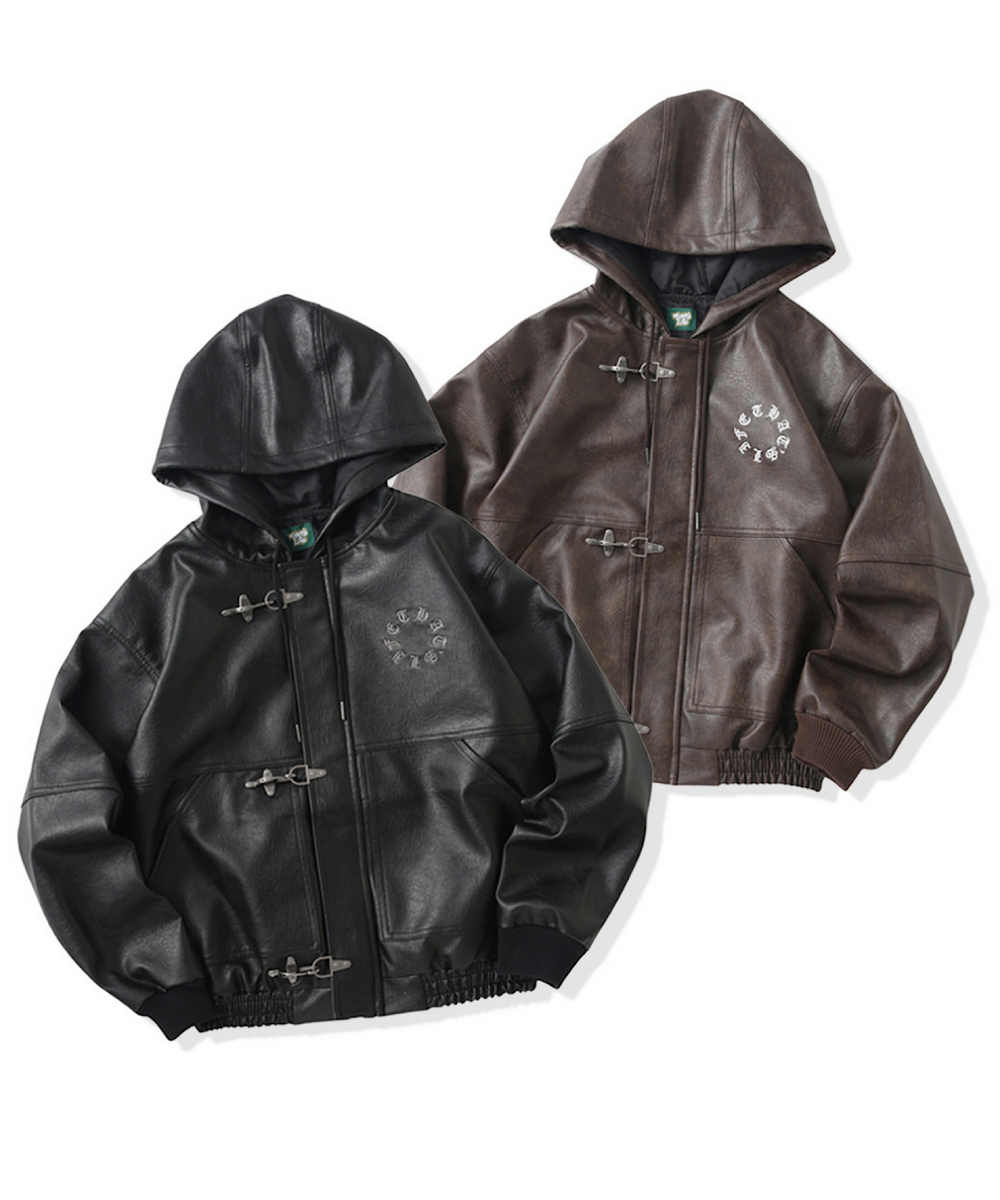 Faux Leather Circle logo Hooded Fireman Jacket – That's life