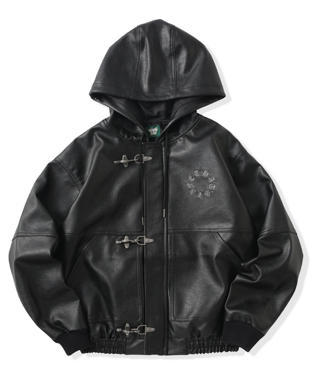 Faux Leather Circle logo Hooded Fireman Jacket – That's life