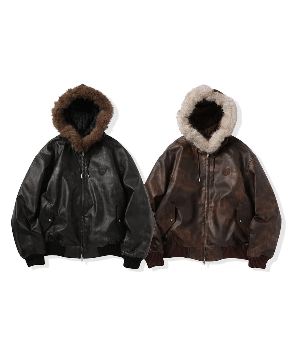 Faux Leather fur Heart logo hooded jacket – That's life online store