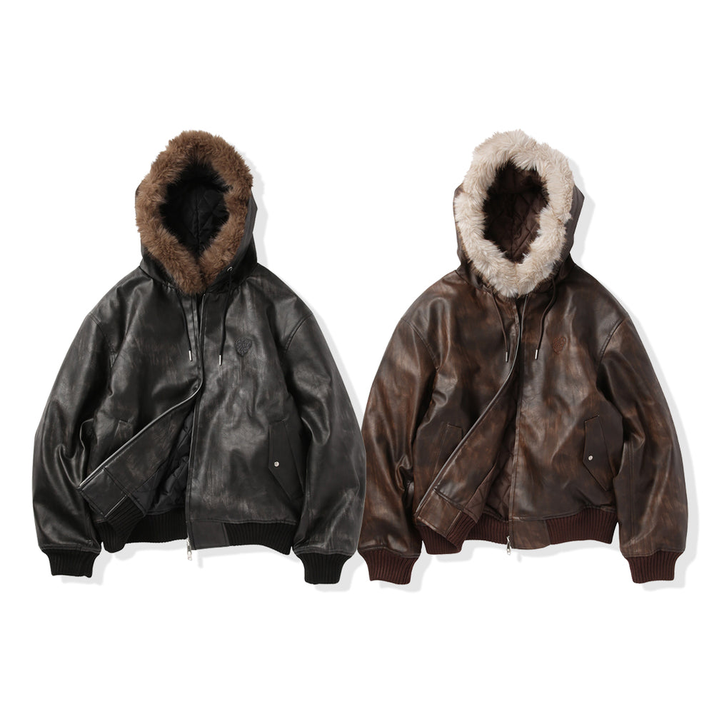 Faux Leather fur Heart logo hooded jacket free