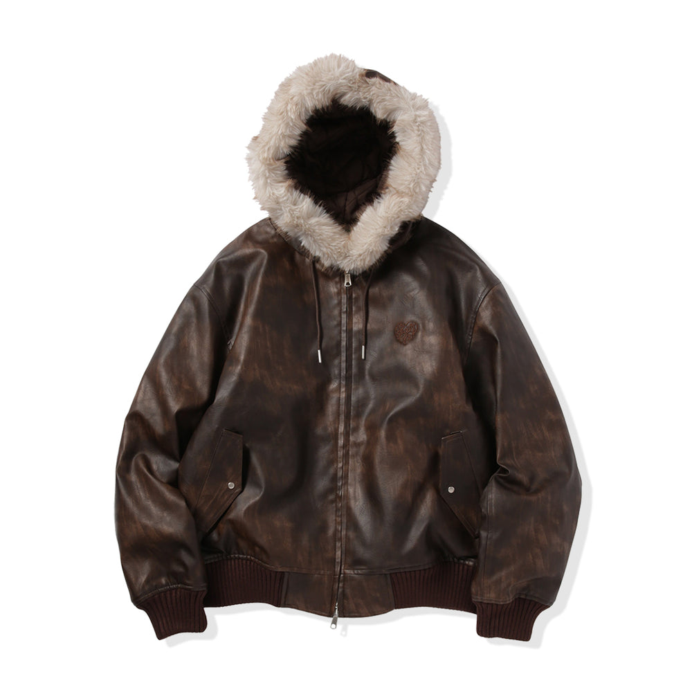 Faux Leather fur Heart logo hooded jacket free