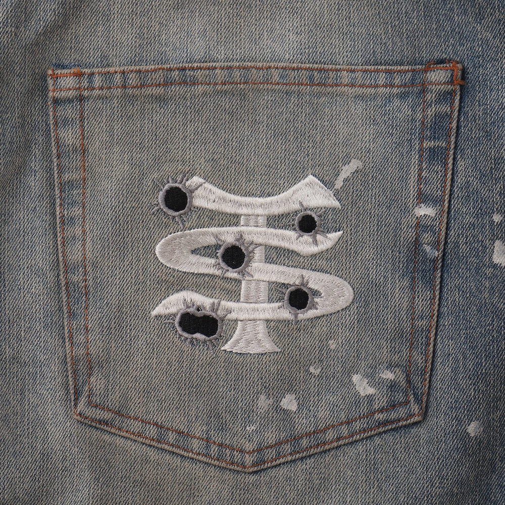 Barrel leg TS logo Damage denim pants