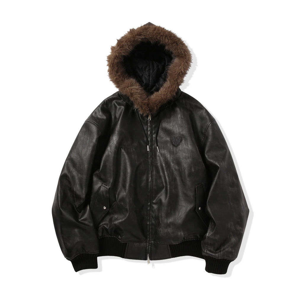 Faux Leather fur Heart logo hooded jacket free