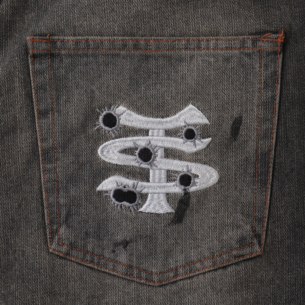 Barrel leg TS logo Damage denim pants