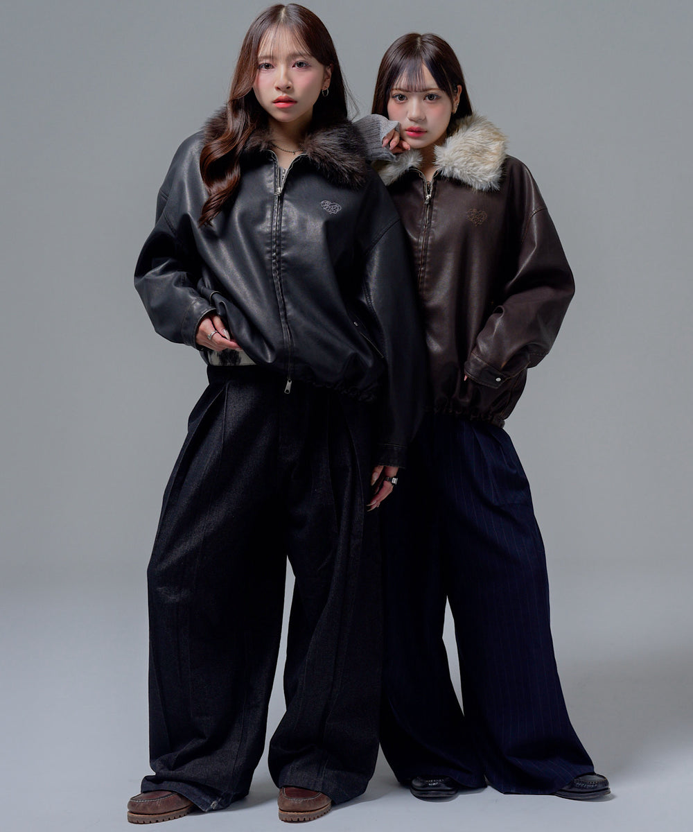 Leather fur Heart logo jacket