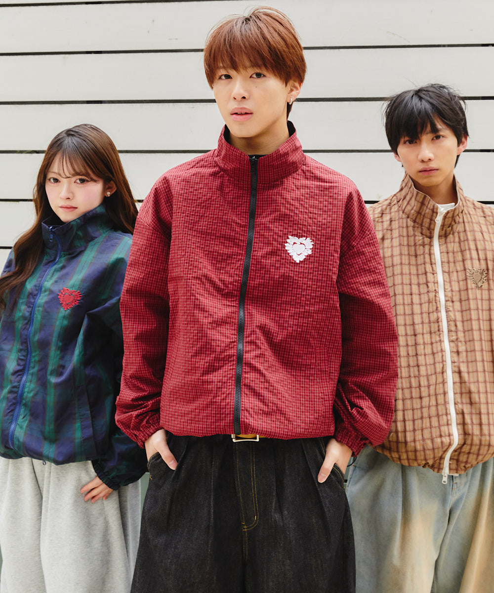 Heart logo 2way Reversible Checked Nylon Jackets