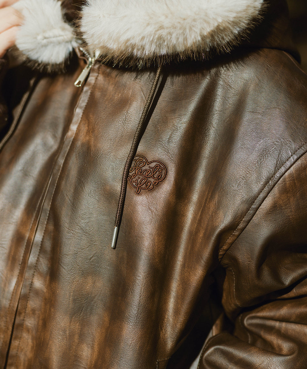 Faux Leather fur Heart logo hooded jacket
