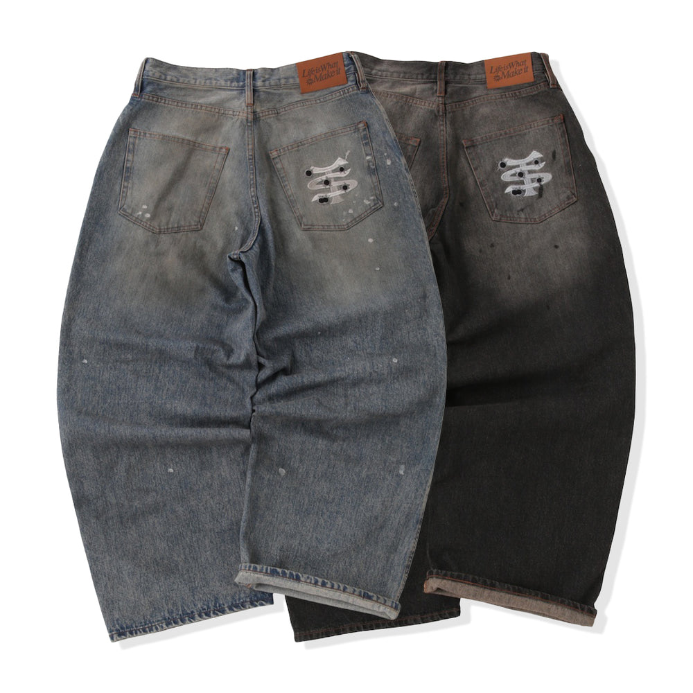 Barrel leg TS logo Damage denim pants