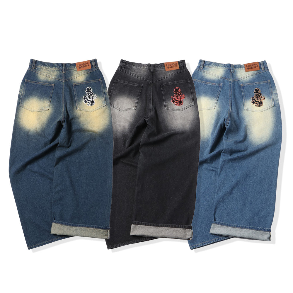 "CAP BOY" logo baggy denim pants