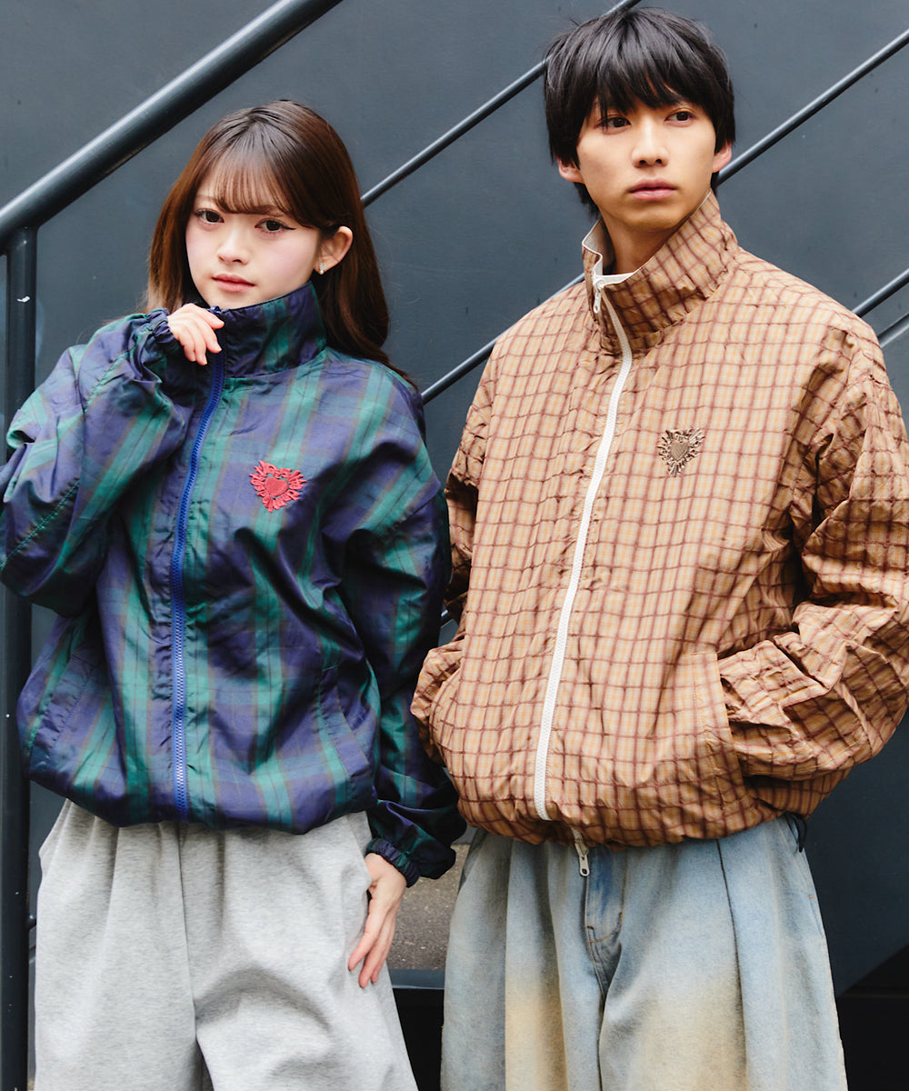 Heart logo 2way Reversible Checked Nylon Jackets