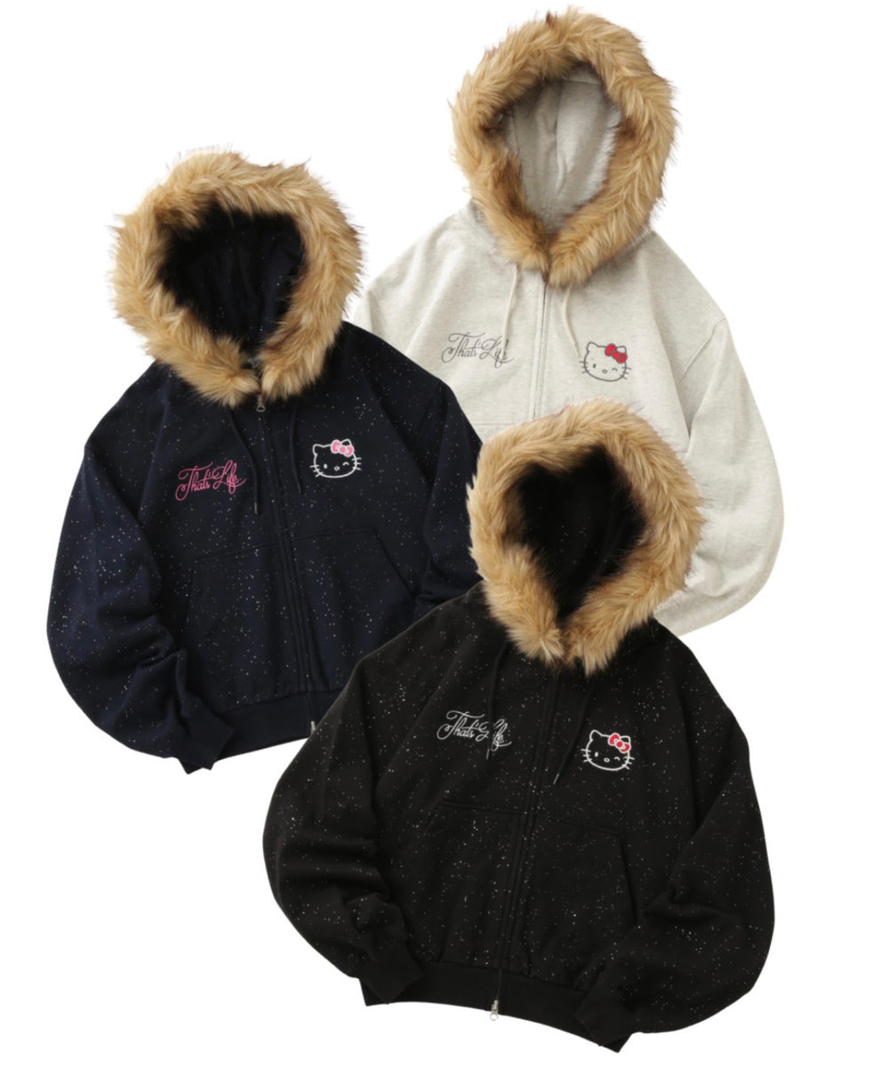 HELLO KITTY × Glitter Embroidery Fur zip hoodie – That's life