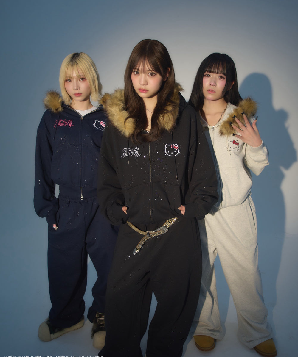 HELLO KITTY × Glitter Embroidery Fur zip hoodie