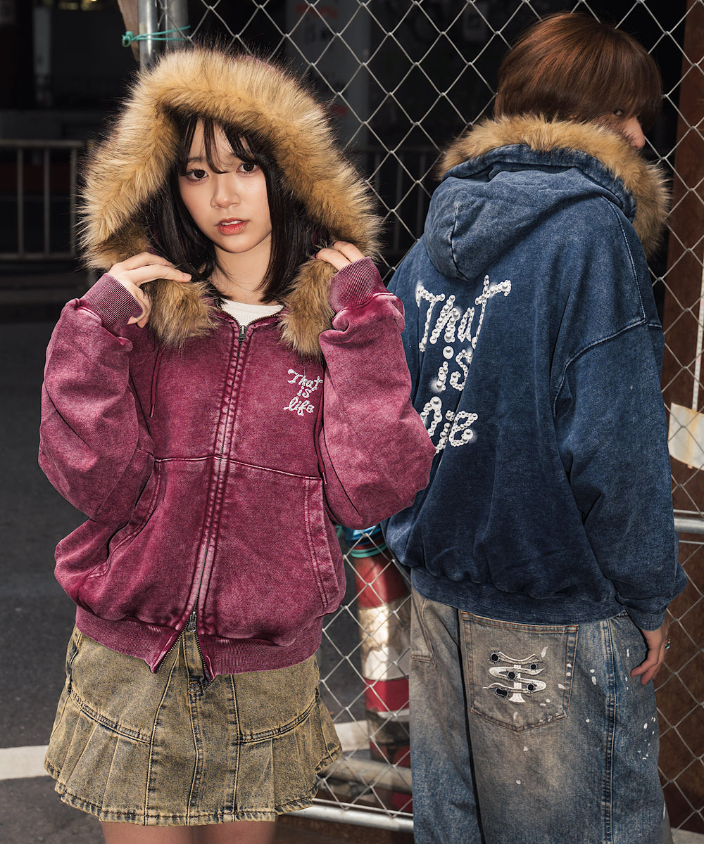 Vintage styles Pearl logo Fur zip hoodie