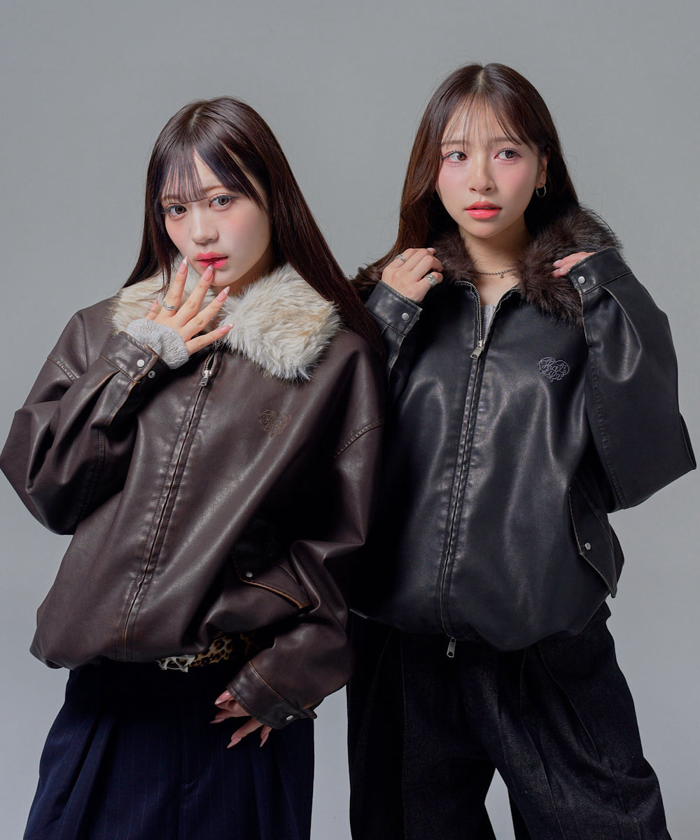 Leather fur Heart logo jacket
