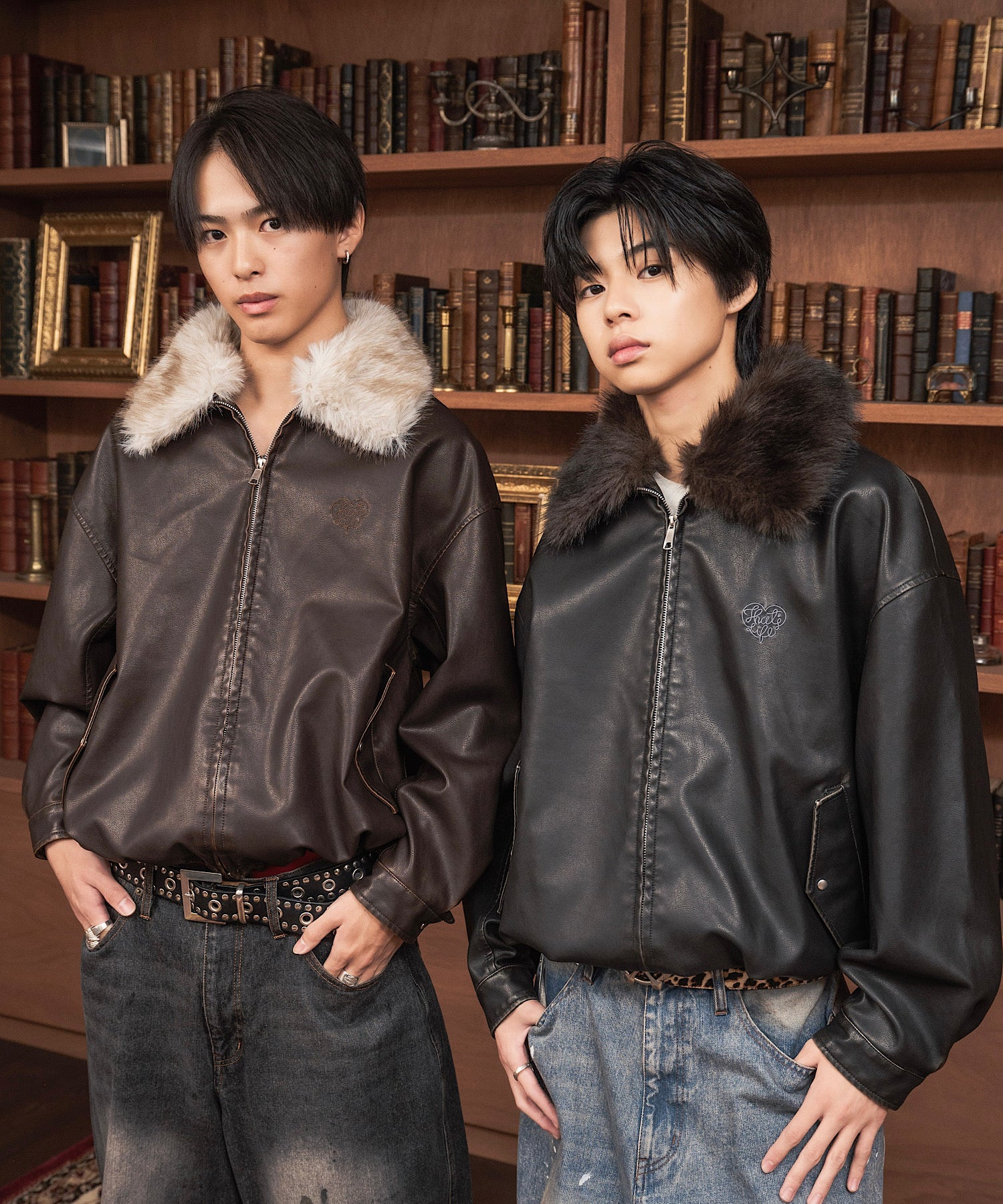 Leather fur Heart logo jacket