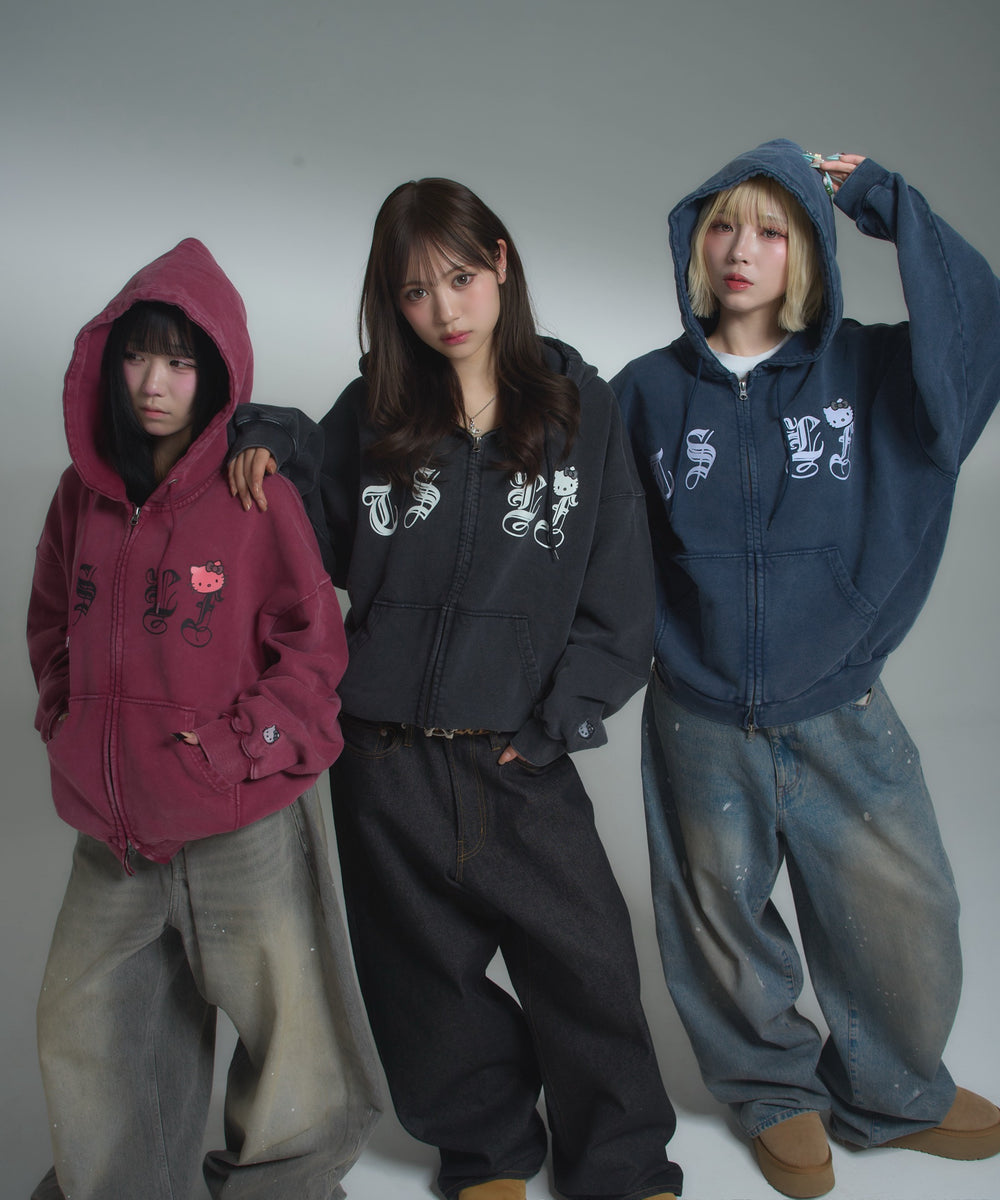HELLO KITTY × Vintage styles TSLF logo zip hoodie