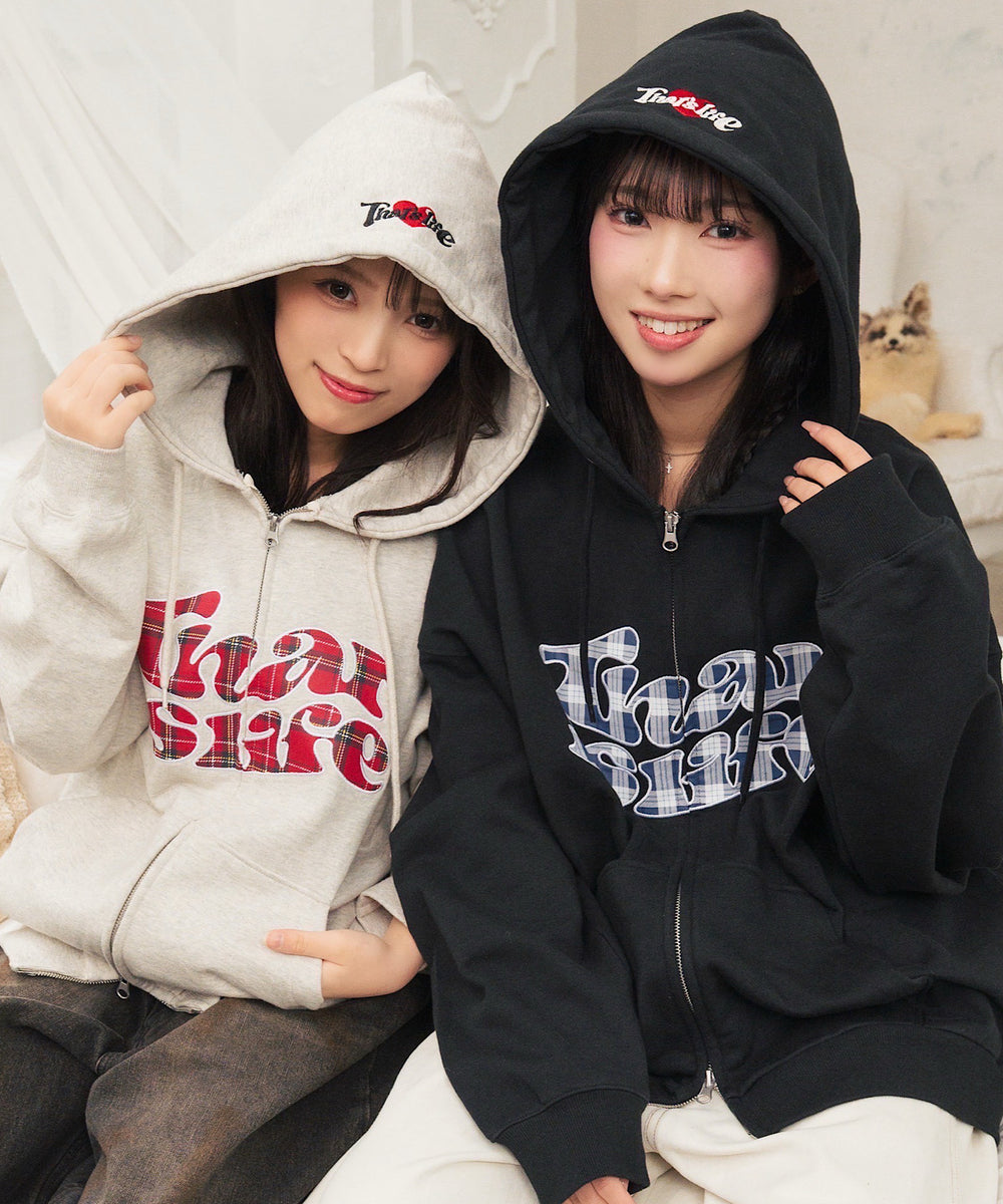 HEAVY WEIGHT 12.0oz FRONT Checked LOGO ZIP HOODIE