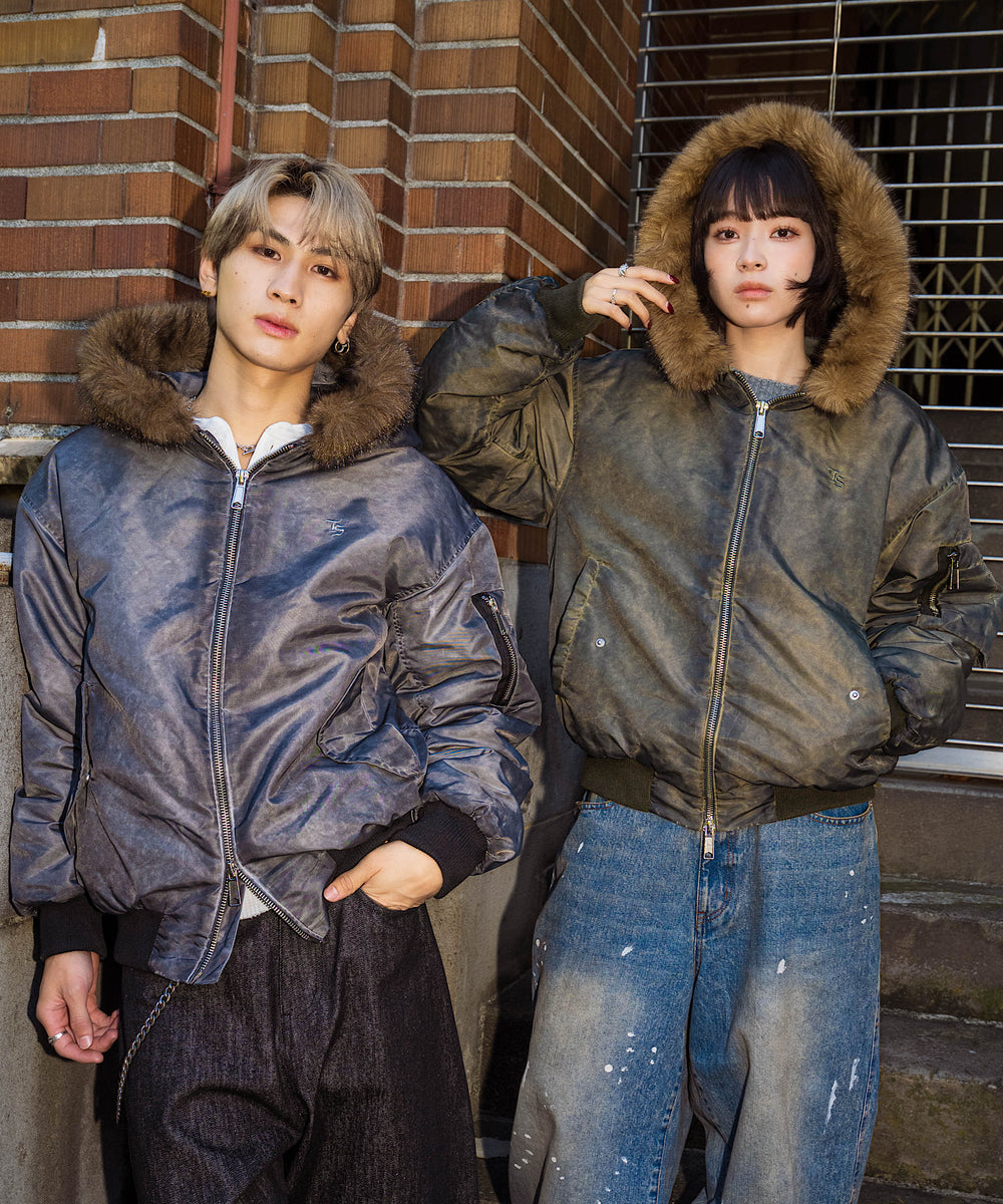 Vintage styles TS logo Nylon fur jacket