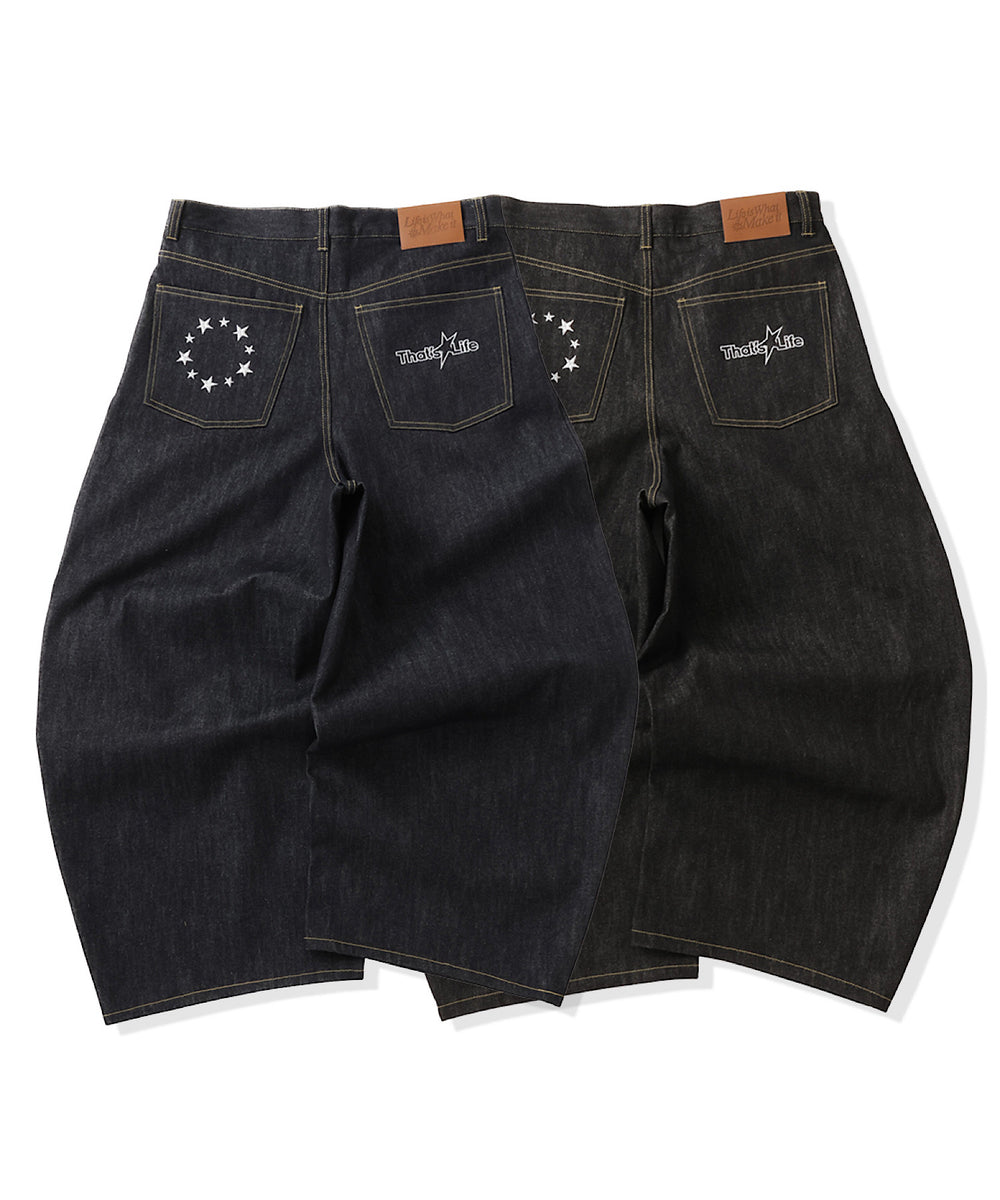 Star Embroidery Tuck Rigid Baggy Denim Pants
