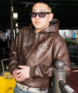 Faux Leather Circle logo Hooded Fireman Jacket – That's life