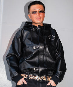 Faux Leather Circle logo Hooded Fireman Jacket – That's life