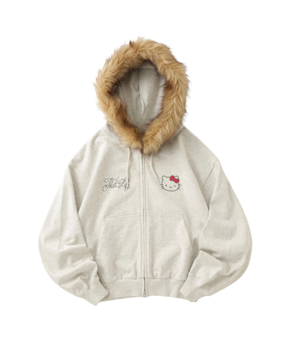 HELLO KITTY × Glitter Embroidery Fur zip hoodie