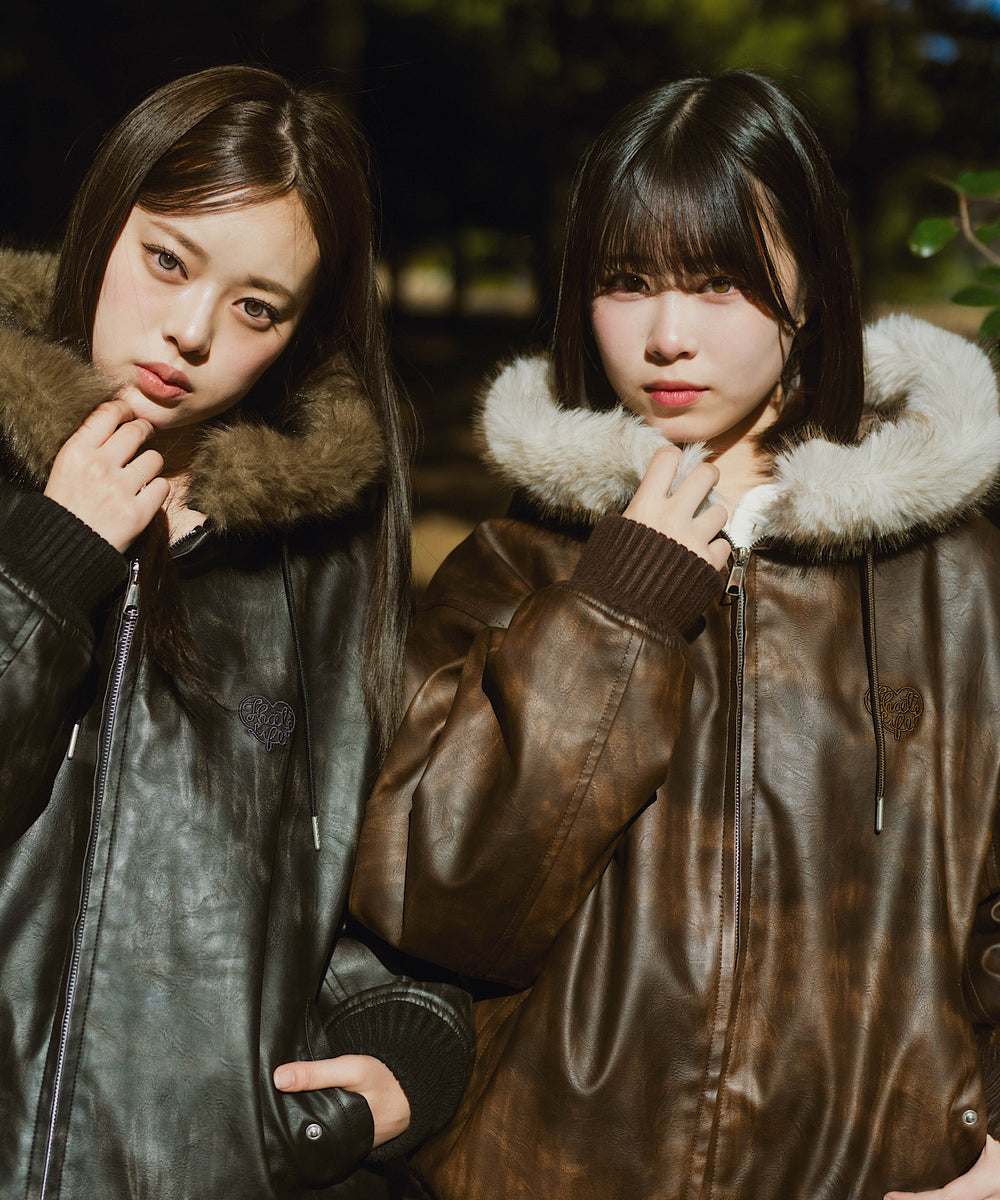 Faux Leather fur Heart logo hooded jacket