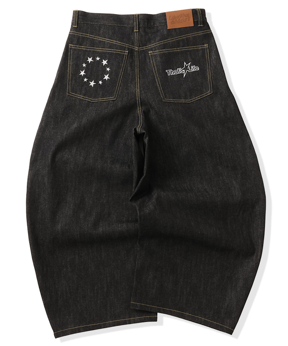 Star Embroidery Tuck Rigid Baggy Denim Pants
