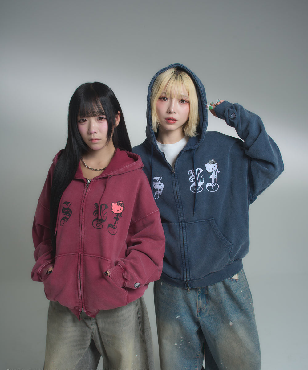 HELLO KITTY × Vintage styles TSLF logo zip hoodie