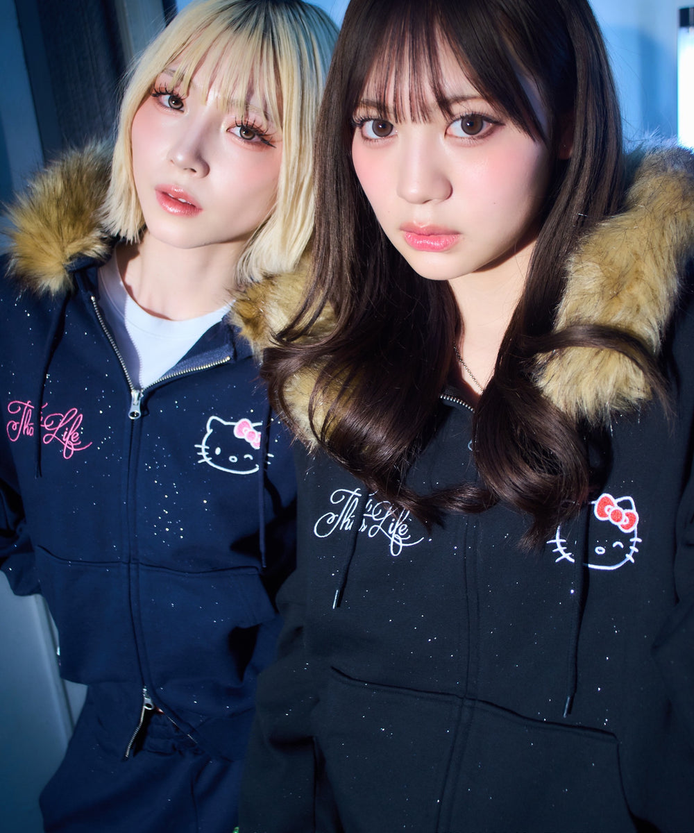 HELLO KITTY × Glitter Embroidery Fur zip hoodie