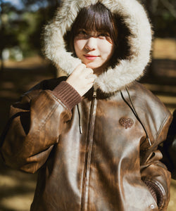 Faux Leather fur Heart logo hooded jacket – That's life online store