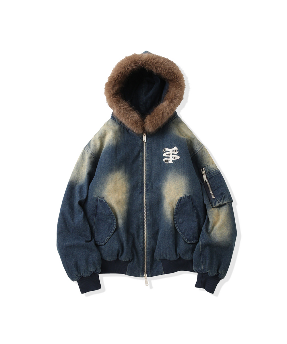 Vintage styles TS logo denim fur jacket
