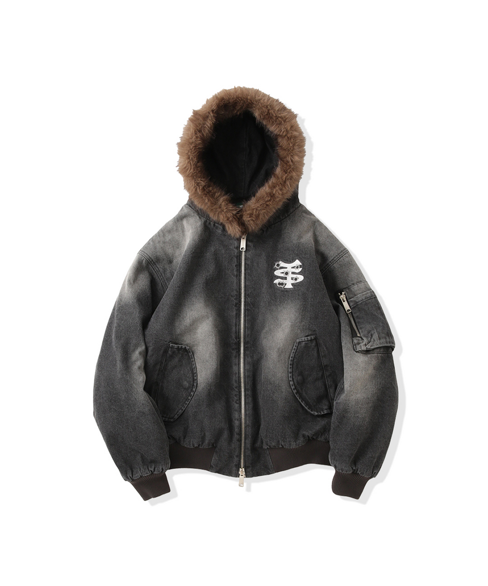 Vintage styles TS logo denim fur jacket