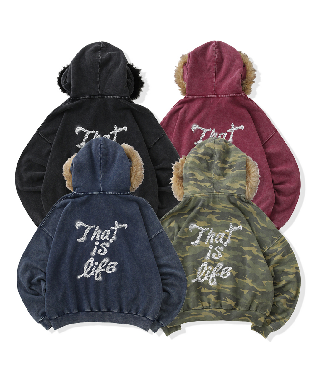 Vintage styles Pearl logo Fur zip hoodie