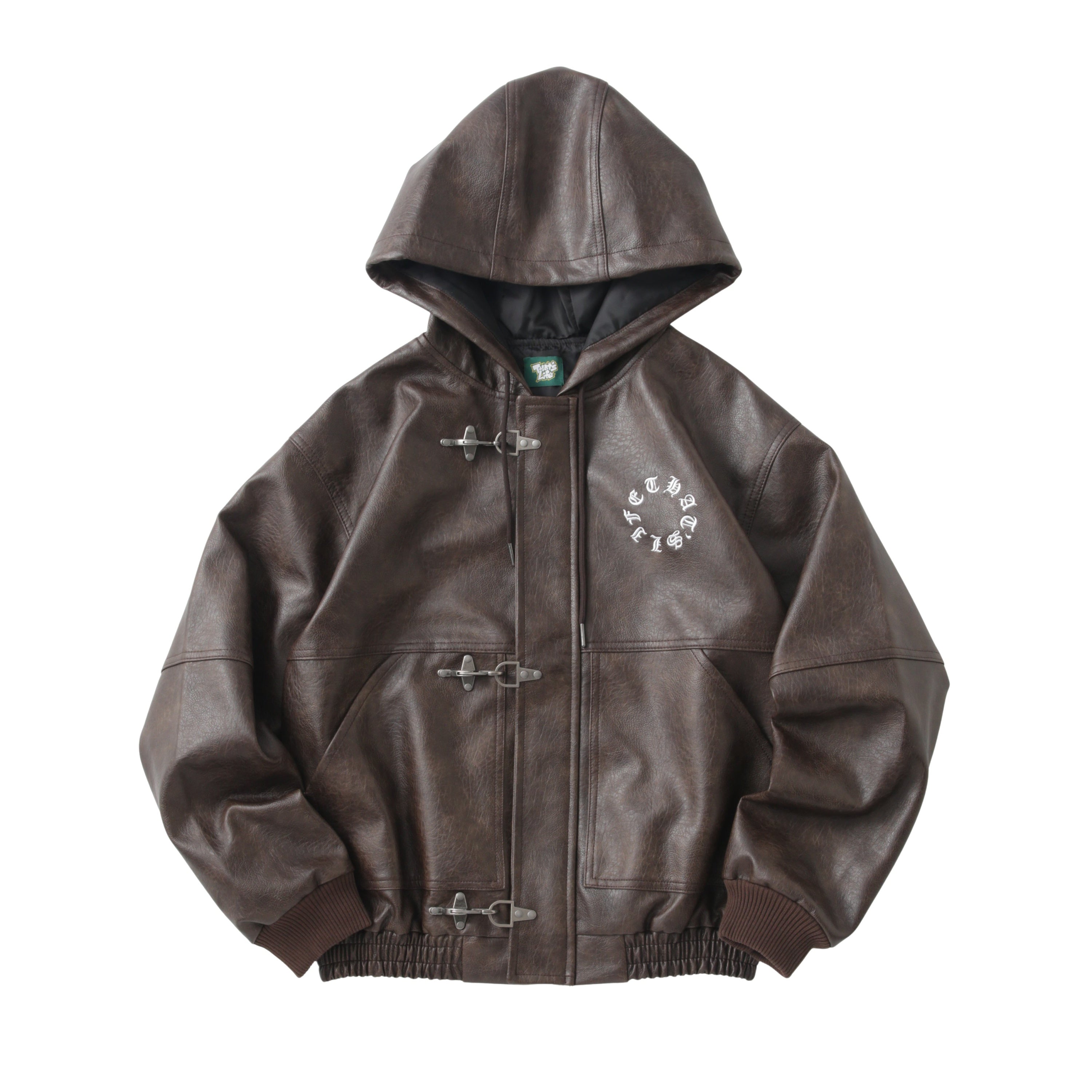 Faux Leather Circle logo Hooded Fireman Jacket free
