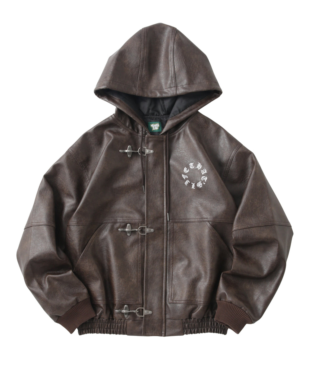 Faux Leather Circle logo Hooded Fireman Jacket free