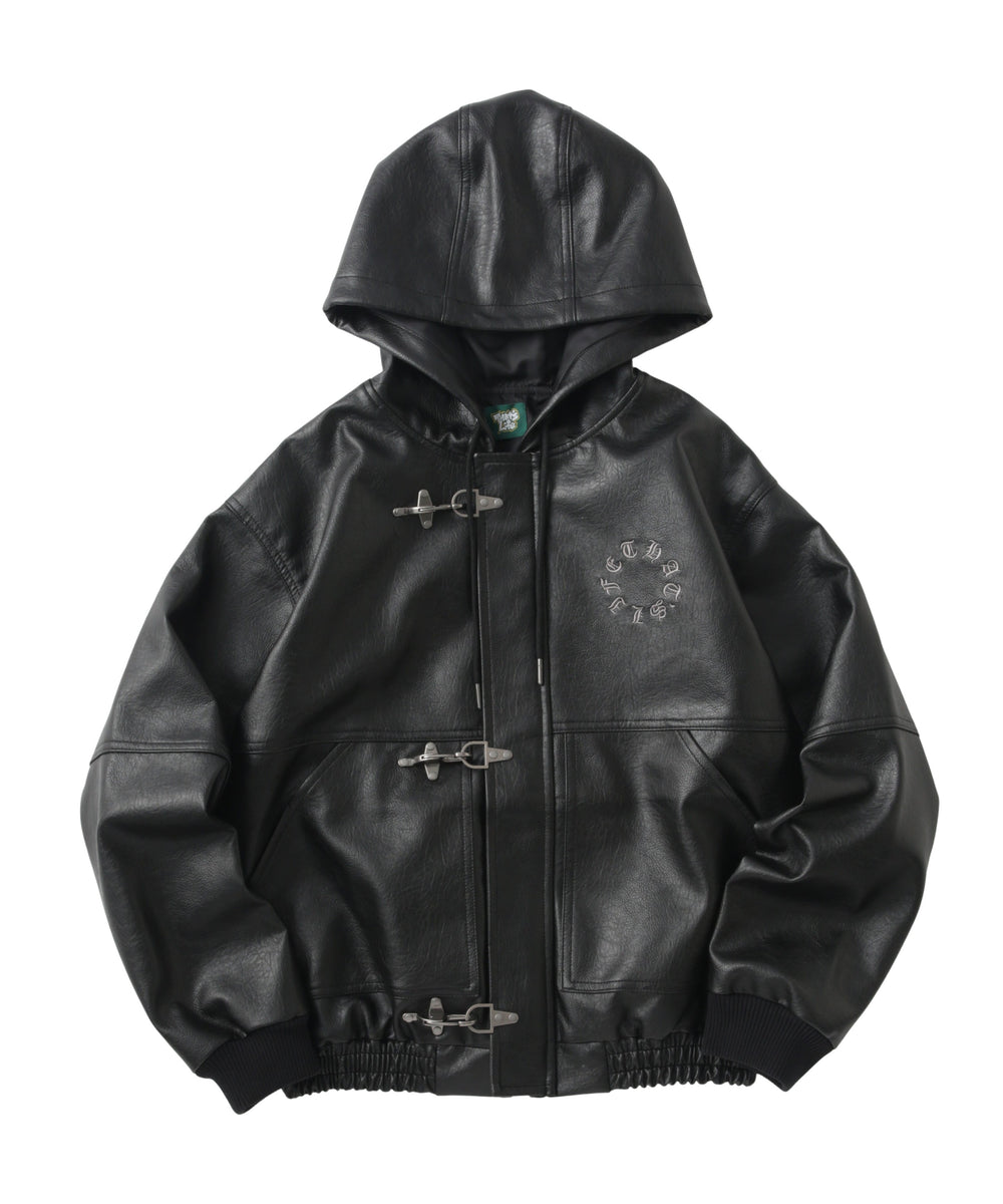 Faux Leather Circle logo Hooded Fireman Jacket free