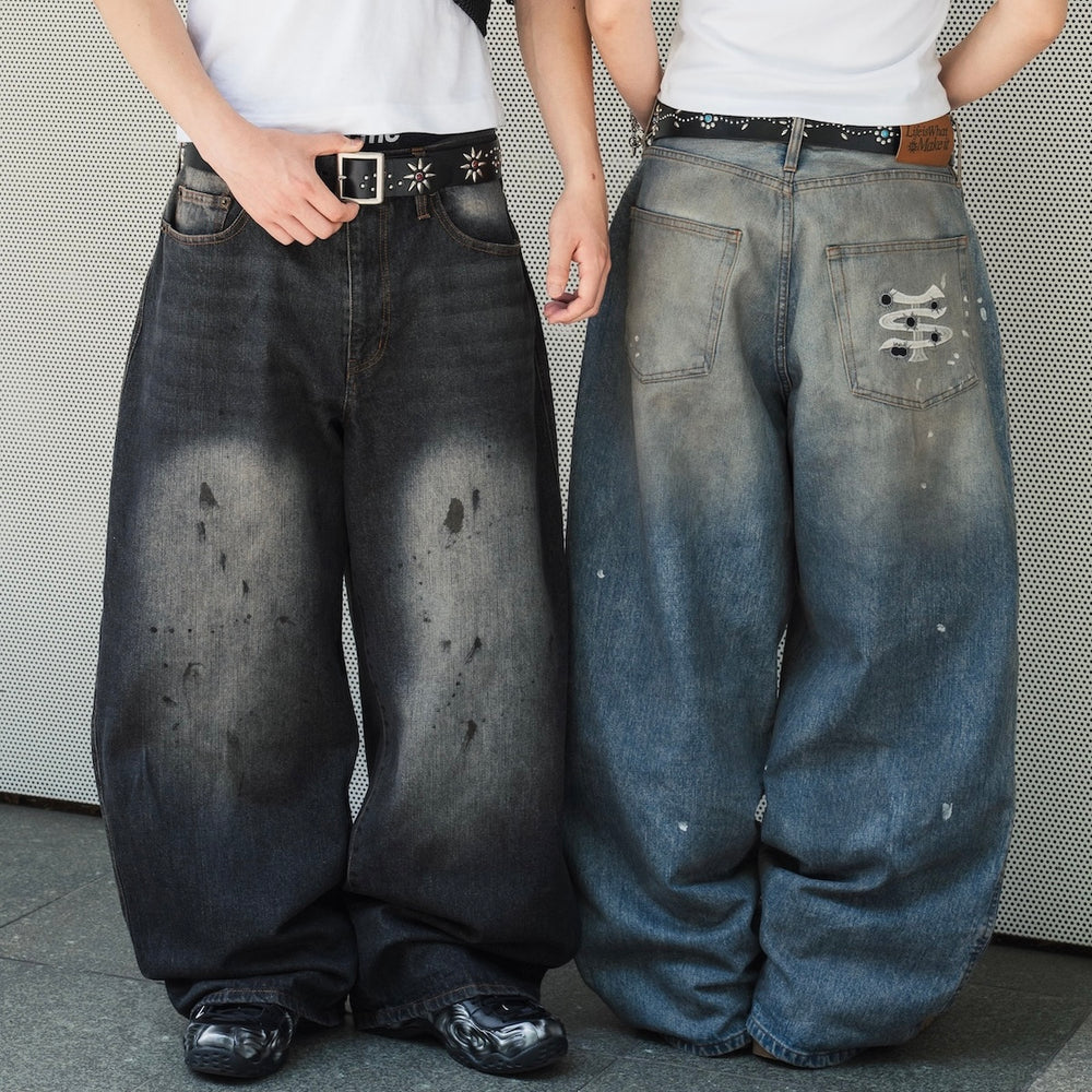 Barrel leg TS logo Damage denim pants