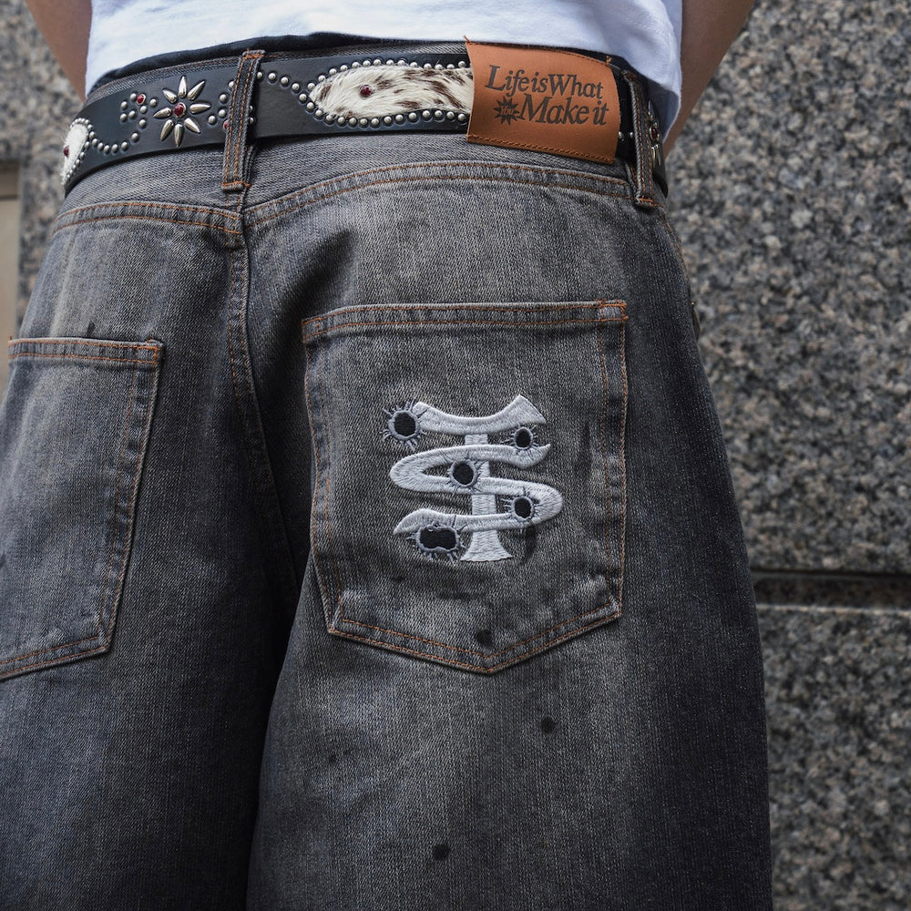 Barrel leg TS logo Damage denim pants