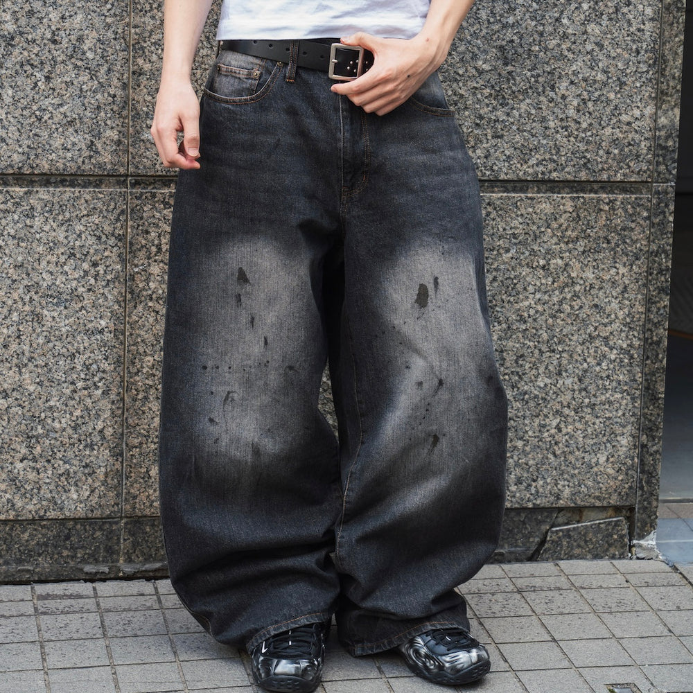 Barrel leg TS logo Damage denim pants