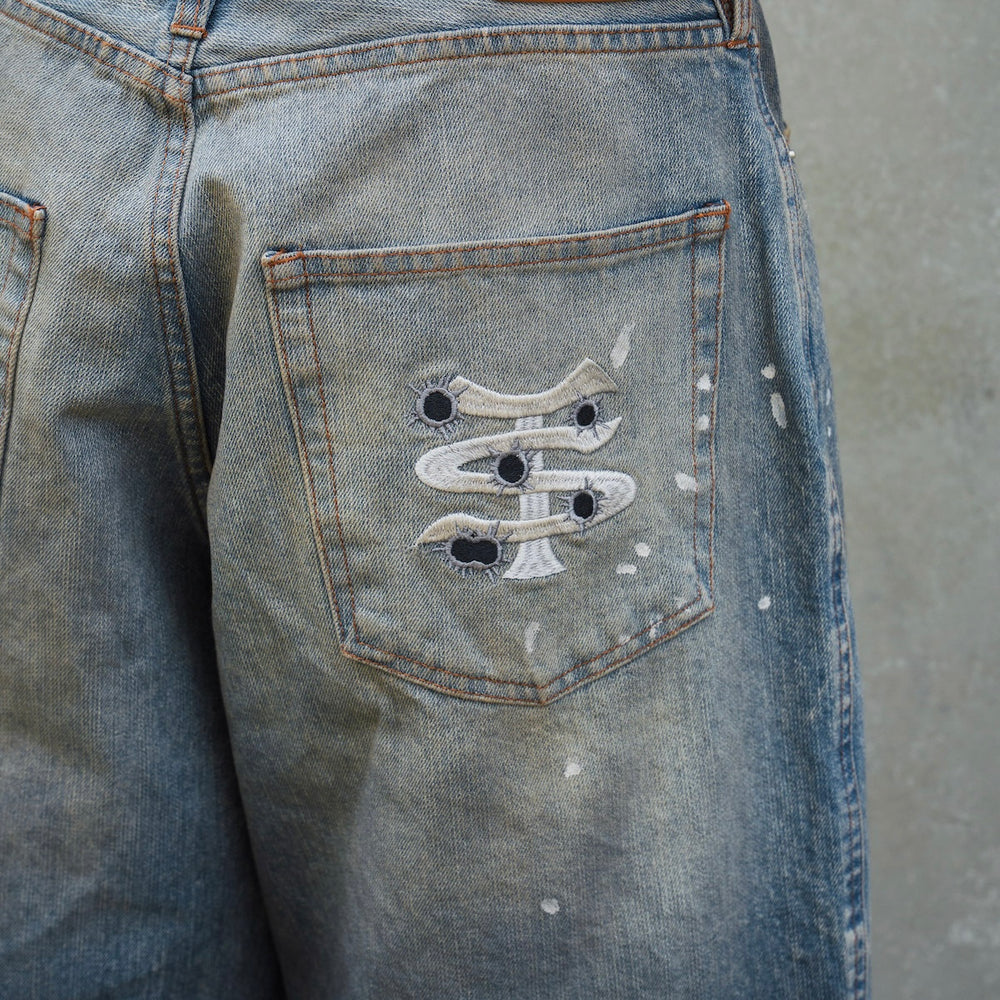 Barrel leg TS logo Damage denim pants