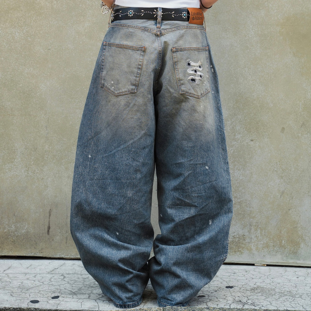 Barrel leg TS logo Damage denim pants