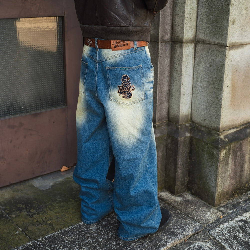 "CAP BOY" logo baggy denim pants