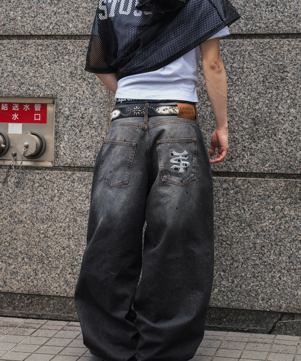 Barrel leg TS logo Damage denim pants free