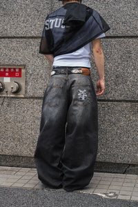 Barrel leg TS logo Damage denim pants free