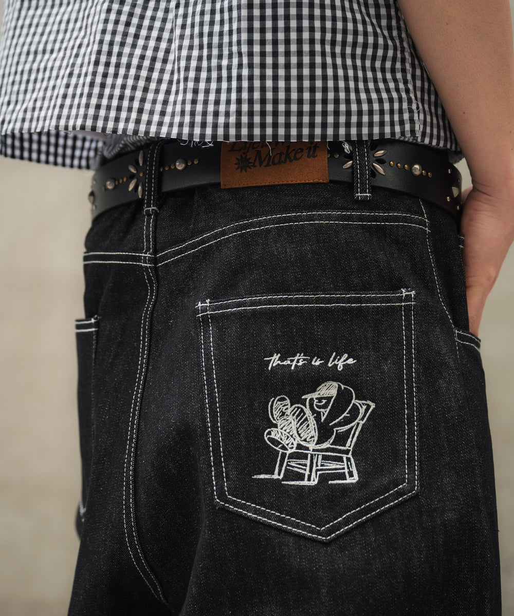 "CHILL LIFE" Rigid balloon Denim pants free