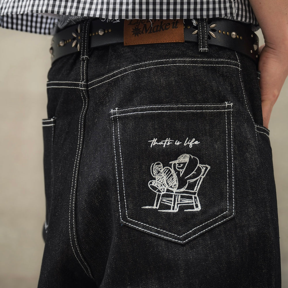 "CHILL LIFE" Rigid balloon Denim pants