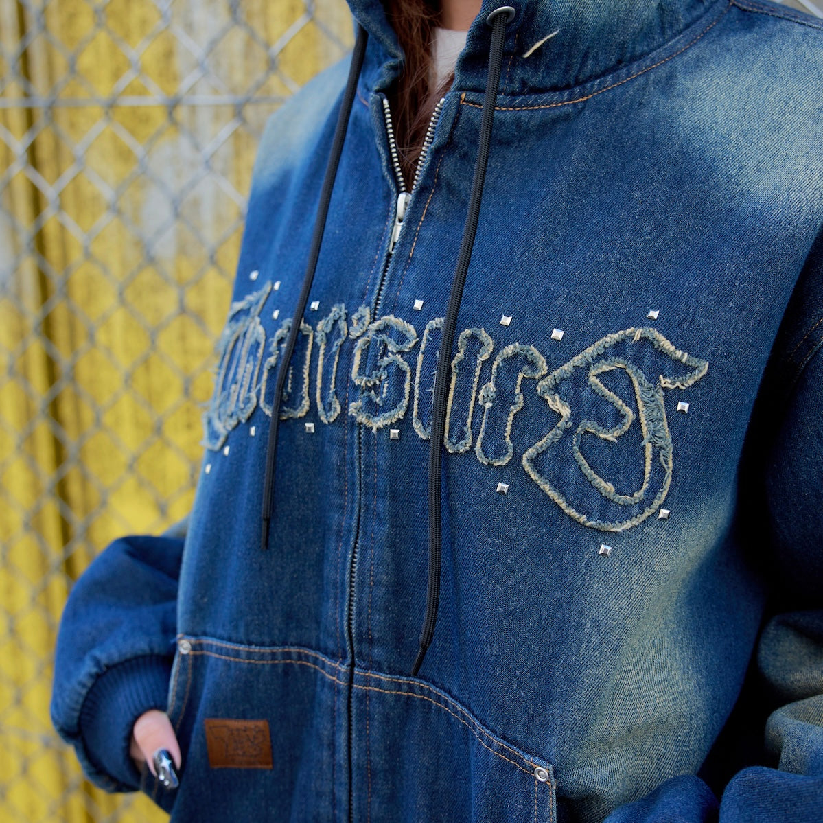 Vintage styles Front logo Denim zip hoodie