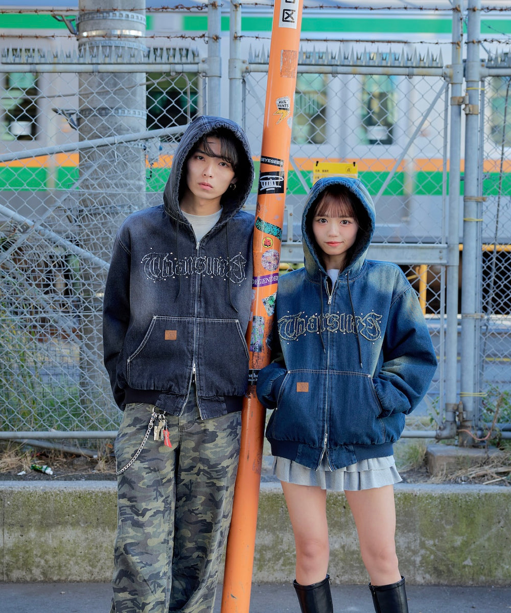 Vintage styles Front logo Denim zip hoodie