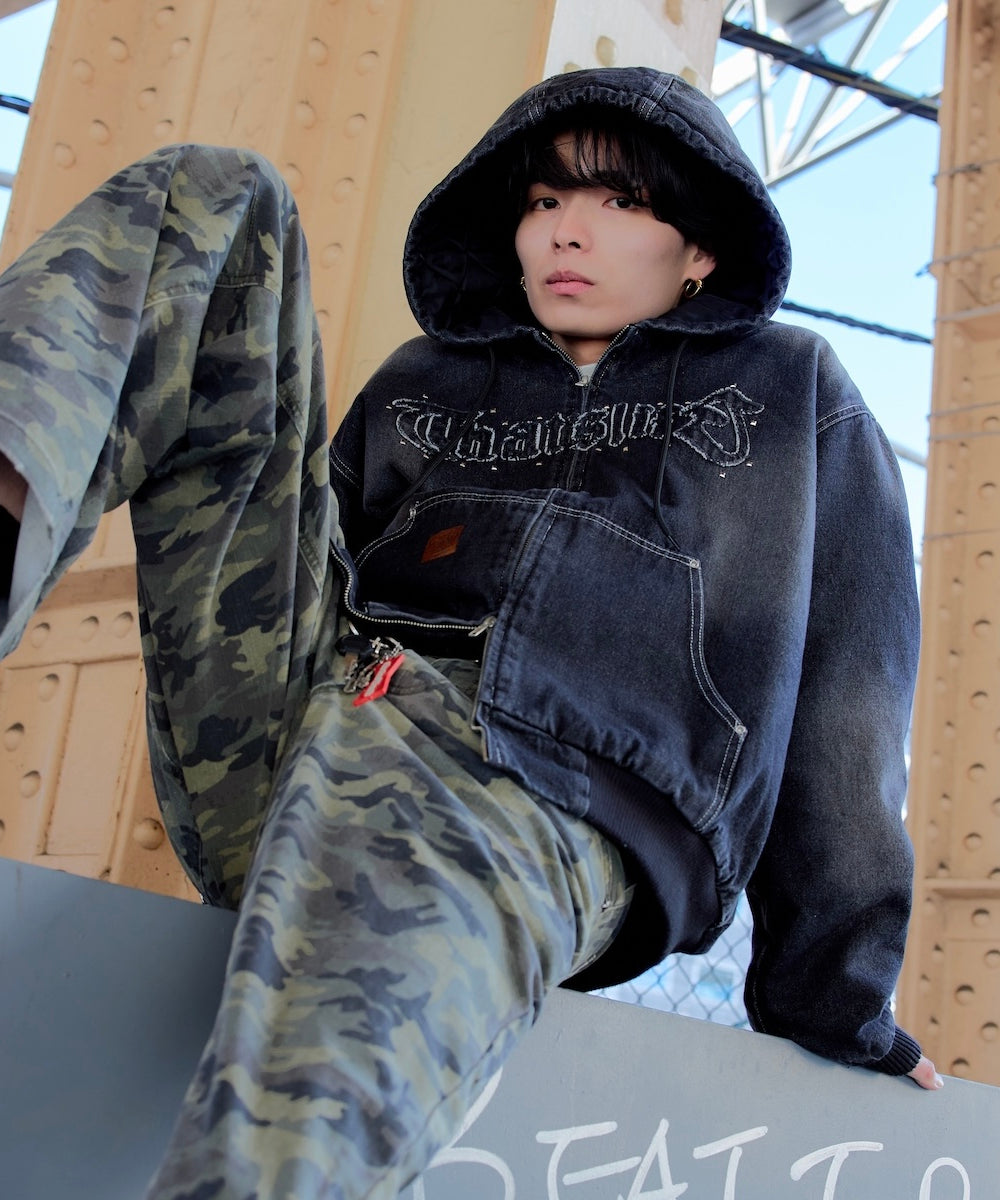 Vintage styles Front logo Denim zip hoodie